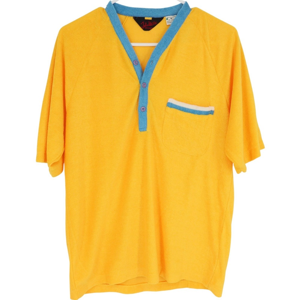 Vintage John Weitz Size M Yellow Terry Cloth 70s 80s Henley Shirt Short Sleeve
